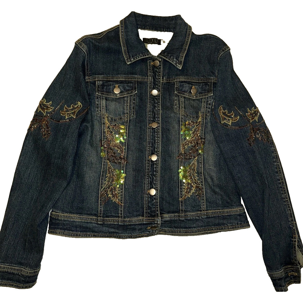 Style New York Paris Womens Embroidered Denim Jacket with Sequins Size L